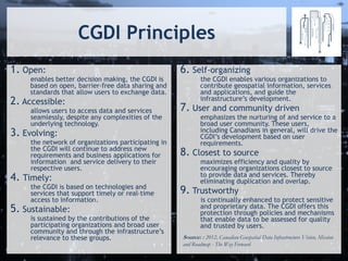 CGDI Principles
1. Open:
enables better decision making, the CGDI is
based on open, barrier-free data sharing and
standards that allow users to exchange data.
2. Accessible:
allows users to access data and services
seamlessly, despite any complexities of the
underlying technology.
3. Evolving:
the network of organizations participating in
the CGDI will continue to address new
requirements and business applications for
information and service delivery to their
respective users.
4. Timely:
the CGDI is based on technologies and
services that support timely or real-time
access to information.
5. Sustainable:
is sustained by the contributions of the
participating organizations and broad user
community and through the infrastructure’s
relevance to these groups.
6. Self-organizing
the CGDI enables various organizations to
contribute geospatial information, services
and applications, and guide the
infrastructure’s development.
7. User and community driven
emphasizes the nurturing of and service to a
broad user community. These users,
including Canadians in general, will drive the
CGDI’s development based on user
requirements.
8. Closest to source
maximizes efficiency and quality by
encouraging organizations closest to source
to provide data and services. Thereby
eliminating duplication and overlap.
9. Trustworthy
is continually enhanced to protect sensitive
and proprietary data. The CGDI offers this
protection through policies and mechanisms
that enable data to be assessed for quality
and trusted by users.
Source: : 2012, Canadian Geospatial Data Infrastructure Vision, Mission
and Roadmap - The Way Forward
 