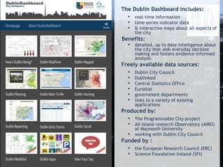 The Dublin Dashboard includes:
• real-time information
• time-series indicator data
• & interactive maps about all aspects of
the city
Benefits:
• detailed, up to date intelligence about
the city that aids everyday decision
making and fosters evidence-informed
analysis.
Freely available data sources:
• Dublin City Council
• Dublinked
• Central Statistics Office
• Eurostat
• government departments
• links to a variety of existing
applications
Produced by:
• The Programmable City project
• All-Island research Observatory (AIRO)
at Maynooth University
• working with Dublin City Council
Funded by :
• the European Research Council (ERC)
• Science Foundation Ireland (SFI)
 