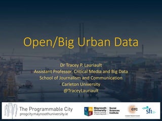 progcity.maynoothuniversity.ie
Open/Big Urban Data
Dr Tracey P. Lauriault
Assistant Professor, Critical Media and Big Data
School of Journalism and Communication
Carleton University
@TraceyLauriault
 