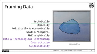 19
T.P. Lauriault, InterPARES Summer School 2025
Framing Data
Technically
Ethically
Politically & economically
Spatial/Temporal
Philosophically
Data & Technological Citizenship
Data activism
Sustainability
24/06/2025
@GlacialMeg
 