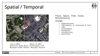 T.P. Lauriault, InterPARES Summer School 2025
Spatial / Temporal
Place, Space, Time, Scale,
Relationality
Change:
• Organizational
• Improvements in techniques & tools
• Laws
• Technologies
• Boundaries
• Jurisdictions
• Worldviews
24/06/2025
July 4 2020 March 14 2022
Satellite image Maxar Technologies v/AP
Mariupol Drama Theater, Mariupol Ukraine
23
 