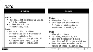 33
T.P. Lauriault, InterPARES Summer School 2025
Data
Archives Science
11/06/2025
Datum
• The smallest meaningful units
of information
• A date on a birth
certificate, etc.
Data
• Facts or instructions
represented in a formalized
manner, suitable for
transmission, interpretation
or processing manually or
automatically. [Archives]
Datum
• Singular for data
• One item of information
• A fact, a statistic, a
temperature reading etc.
Data
• Plural of datum
• Dataset, database, etc.
• See the Metrology & Data
sections of this presentation
• See the Data Revolution for
kinds of data (Kitchin 2022)
 