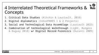 T.P. Lauriault, InterPARES Summer School 2025
4 Interrelated Theoretical Frameworks &
Concepts
1. Critical Data Studies (Kitchin & Lauriault, 2018)
2. Digital diplomatics (InterPARES 1 & 2 Projects)
3. Social and Technological Data Assemblage (Lauriault 2022)
4. Combination of technological Walkthrough (Light, Burgess
& Duguay 2018) w/ Digital Record Forensics (Duranti 2009)
24/06/2025 72
 