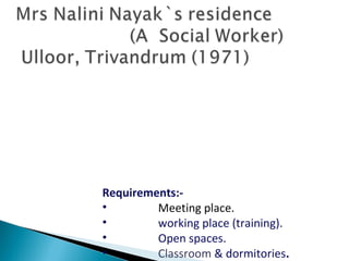 Requirements:•
Meeting place.
•
working place (training).
•
Open spaces.
•
Classroom & dormitories.

 