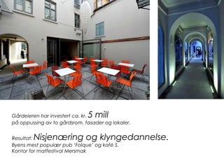 Gårdeieren har investert ca. kr. 5 mill
på oppussing av to gårdsrom, fasader og lokaler.
Resultat: Nisjenæring og klyngedannelse.
Byens mest populær pub ‘Folque’ og kafé S.
Kontor for matfestival Mersmak
 