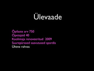 Ülevaade
Õpilaste arv 750
Õpetajaid 40
Koolimaja renoveeritud 2009
Suurepärased saavutused spordis
Ühtne rahvas
 