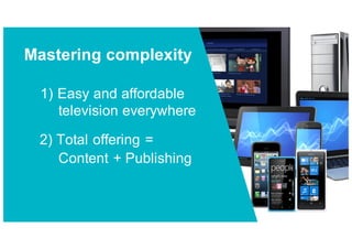 1) Easy and affordable
television everywhere
2) Total offering =
Content + Publishing
Mastering complexity
 