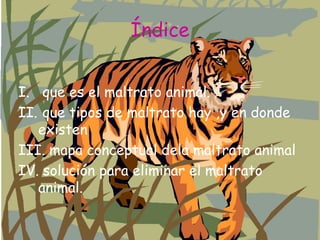 Índice


I. que es el maltrato animal.
II. que tipos de maltrato hay ,y en donde
   existen
III. mapa conceptual dela maltrato animal
IV. solución para eliminar el maltrato
   animal.
 