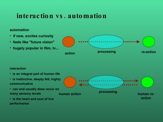 interaction vs. automation processing <ul><li>interaction </li></ul><ul><li>is an integral part of human life  </li></ul><...