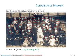 Convolutional Network
Can be used to detect faces on a picture
via LeCun (2016, Leçon inaugurale)
@freakonometrics freakonometrics freakonometrics.hypotheses.org 11 / 57
 