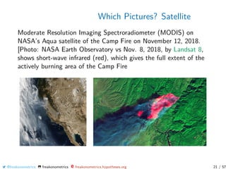 Which Pictures? Satellite
Moderate Resolution Imaging Spectroradiometer (MODIS) on
NASA’s Aqua satellite of the Camp Fire on November 12, 2018.
[Photo: NASA Earth Observatory vs Nov. 8, 2018, by Landsat 8,
shows short-wave infrared (red), which gives the full extent of the
actively burning area of the Camp Fire
@freakonometrics freakonometrics freakonometrics.hypotheses.org 21 / 57
 