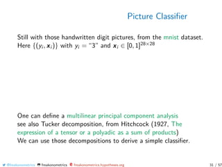 Picture Classiﬁer
Still with those handwritten digit pictures, from the mnist dataset.
Here {(yi , xi )} with yi = “3” and xi ∈ [0, 1]28×28
One can deﬁne a multilinear principal component analysis
see also Tucker decomposition, from Hitchcock (1927, The
expression of a tensor or a polyadic as a sum of products)
We can use those decompositions to derive a simple classiﬁer.
@freakonometrics freakonometrics freakonometrics.hypotheses.org 31 / 57
 
