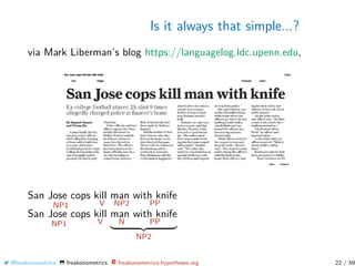 Is it always that simple...?
via Mark Liberman’s blog https://languagelog.ldc.upenn.edu,
San Jose cops
NP1
kill
V
man
NP2
with knife
PP
San Jose cops
NP1
kill
V
man
N
with knife
PP
NP2
@freakonometrics freakonometrics freakonometrics.hypotheses.org 22 / 59
 
