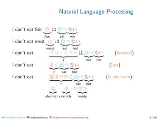 Natural Language Processing
I don’t eat ﬁsh 魚
ﬁsh
は 食べ
eat
ない
not
I don’t eat meat 肉
meat
は 食べ
eat
ない
not
I don’t eat ブロッコリー
?
は 食べ
eat
ない
not
(broccoli)
I don’t eat 早く
?
食べ
eat
ない
not
(fast)
I don’t eat 電車の中で
?
食べ
eat
ない
not
(in the train)
電
electricity
車
vehicle
の 中で
inside
@freakonometrics freakonometrics freakonometrics.hypotheses.org 3 / 59
 