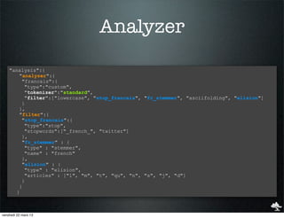 Analyzer

    "analysis":{
        "analyzer":{
         "francais":{
          "type":"custom",
          "tokenizer":"st...