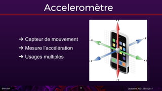 @Miralak Lausanne JUG 23.03.201713
Acceleromètre
➔ Capteur de mouvement
➔ Mesure l’accélération
➔ Usages multiples
 