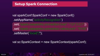 @Miralak Lausanne JUG 23.03.2017
Setup Spark Connection
val sparkConf:SparkConf = new SparkConf()
.setAppName("activityRecognition")
.set("spark.cassandra.connection.host", "127.0.0.1"))
.set("spark.cassandra.connection.native.port", "9142")
.setMaster("local[*]");
val sc:SparkContext = new SparkContext(sparkConf);
51
 