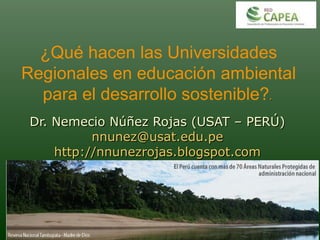 ¿Qué hacen las Universidades
Regionales en educación ambiental
para el desarrollo sostenible?..
Dr. Nemecio Núñez Rojas (USAT – PERÚ)Dr. Nemecio Núñez Rojas (USAT – PERÚ)
nnunez@usat.edu.pennunez@usat.edu.pe
http://nnunezrojas.blogspot.comhttp://nnunezrojas.blogspot.com
 