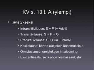 KV s. 13 t. A (ylempi)
●

Tiivistykseksi
●

Intransitiivilause: S + P (+ Advli)

●

Transitiivilause: S + P + O

●

Predikatiivilause: S + Olla + Predvi

●

Kokijalause: kertoo subjektin kokemuksista

●

Omistuslause: omistuksen ilmaiseminen

●

Eksitentiaalilause: kertoo olemassaolosta

 