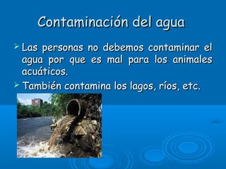 Contaminación del aguaContaminación del agua
 Las personas no debemos contaminar elLas personas no debemos contaminar el
agua por que es mal para los animalesagua por que es mal para los animales
acuáticos.acuáticos.
 También contamina los lagos, ríos, etc.También contamina los lagos, ríos, etc.
 