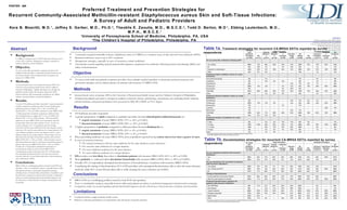 Preferred Treatment and Prevention Strategies for  Recurrent Community-Associated Methicillin-resistant  Staphylococcus aureus  Skin and Soft-Tissue Infections:  A Survey of Adult and Pediatric Providers Kara B. Mascitti, M.D. 1 , Jeffrey S. Gerber, M.D., Ph.D. 2 , Theoklis E. Zaoutis, M.D., M.S.C.E. 2 , Todd D. Barton, M.D .1 , Ebbing Lautenbach, M.D., M.P.H., M.S.C.E. 1 1 University of Pennsylvania School of Medicine, Philadelphia, PA, USA 2 The Children’s Hospital of Philadelphia, Philadelphia, PA   ,[object Object],[object Object],[object Object],[object Object],Background ,[object Object],Objective ,[object Object],[object Object],[object Object],[object Object],[object Object],[object Object],[object Object],[object Object],[object Object],[object Object],Abstract ,[object Object],[object Object],Methods Results Conclusions ED=emergency department, SSTI=skin and soft-tissue infection, TMP/SMX=trimethoprim-sulfamethoxazole a Providers could select more than one favored decolonization regimen Table 1a.   Treatment strategies for recurrent CA-MRSA SSTIs reported by survey respondents   POSTER:  499 CONTACT Ebbing Lautenbach, MD, MPH, MSCE University of Pennsylvania School of Medicine Center for Clinical Epidemiology and Biostatistics 825 Blockley Hall, 423 Guardian Drive Philadelphia, PA 19104-6021 Fax:  (215) 573-5315 Email:  [email_address] ,[object Object],[object Object],[object Object],[object Object],[object Object],[object Object],[object Object],[object Object],[object Object],[object Object],[object Object],[object Object],[object Object],[object Object],[object Object],[object Object],[object Object],[object Object],[object Object],[object Object],Table 1b.  Decolonization strategies for recurrent CA-MRSA SSTIs reported by survey respondents   Limitations ,[object Object],[object Object],ED=emergency department, I&D=incision and drainage, TMP/SMX=trimethoprim-sulfamethoxazole a Only antibiotic agents chosen by at least one respondent are shown All Adult and Pediatric Providers (n=192) Adult Providers Pediatric Providers ED (n=17) Internal Medicine (n=27) Family Medicine (n=18) Infectious Disease (n=25) Dermat-ology (n=8) All Adults (n=95) ED (n=20) General Pediatrics (n=71) Infectious Disease (n=6) All Pediatrics (n=97) Do you prescribe antibiotics following I&D? Yes, always 60% 12% 58% 62% 32% 75% 45% 78% 75% 60% 74% No 4% 18% 4% -- 4% 12% 6% -- 1% -- 1% Depends on size/location 34% 65% 31% 38% 64% 12% 46% 22% 23% 40% 23% Other 2% 6% 8% -- -- -- 3% -- 1% -- 1% Preferred empiric antibiotic choice for acute infections a Amoxicillin/clavulanate 2% -- 4% -- -- -- 1% -- 4% -- 3% Cephalexin 3% -- 12% 6% 12% -- 8% -- 3% -- 2% Ciprofloxacin 2% -- -- -- -- 12% 1% 5% 1% -- 2% Clindamycin 29% 12% 12% -- 4% 12% 8% 79% 39% 80% 50% Doxycycline 2% -- -- -- 4% 25% 3% -- -- -- -- TMP/SMX 57% 88% 69% 88% 72% 50% 75% 16% 48% 20% 40% Other 5% -- 4% 6% 8% -- 4% -- 4% -- 3% Preferred directed antibiotic choice for acute infections a Ciprofloxacin 3% -- -- -- -- 12% 1% 6% 4% -- 4% Clindamycin 22% 12% 12% 6% -- 12% 8% 56% 30% 60% 36% Doxycycline 1% -- -- -- 4% -- 1% -- -- -- -- Linezolid 1% -- -- -- -- -- -- -- -- 20% 1% Minocycline 1% -- -- -- -- 12% 1% -- -- -- -- TMP/SMX 70% 82% 77% 88% 96% 62% 84% 39% 66% 20% 59% Other 4% 6% 12% 6% -- -- 5% -- -- -- -- Preferred duration of antibiotics for acute infections <7 days 4% -- 8% 6% 12% 12% 8% 6% -- -- 1% 7-10 days 76% 100% 50% 62% 52% 12% 59% 94% 93% 100% 94% 11-14 days 15% -- 35% 19% 32% 50% 26% -- 6% -- 4% >14 days 3% -- 4% 6% 4% 25% 5% -- 1% -- 1% Other 1% -- 4% 6% -- -- 2% -- -- -- -- All Adult and Pediatric Providers (n=192) Adult Providers Pediatric Providers ED (n=17) Internal Medicine (n=27) Family Medicine (n=18) Infectious Disease (n=25) Dermat-ology (n=8) All Adults (n=95) ED (n=20) General Pediatrics (n=71) Infectious Disease (n=6) All Pediatrics (n=97) Do you decolonize patients with recurrent infections? Yes 80% 53% 73% 60% 92% 88% 73% 72% 90% 100% 87% No 20% 47% 27% 40% 8% 12% 27% 28% 10% -- 13% Do you decolonize the household of patients with recurrent infections? Yes, always 28% 12% 12% 7% 17% 38% 15% 44% 43% -- 41% Yes, if family has SSTI 35% 18% 19% 36% 54% 25% 31% 28% 39% 100% 39% No 37% 71% 69% 57% 29% 38% 54% 28% 19% -- 20% Timing of decolonization During treatment of the acute infection 57% 89% 58% 50% 23% 75% 52% 54% 68% -- 62% After the acute infection is resolved 43% 11% 42% 50% 77% 25% 48% 46% 32% 100% 38% Preferred decolonization regimens for patients with recurrent infections a Oral TMP/SMX 9% 11% 21% 22% 32% 29% 24% -- 9% -- 8% Oral rifampin 6% -- 10% 11% 23% 29% 15% -- 2% -- 1% Topical mupirocin 88% 100% 100% 100% 82% 57% 89% 100% 94% 100% 96% Antiseptic bodywash 73% 100% 79% 78% 100% 57% 89% 77% 67% 100% 71% Bleach baths 34% 22% -- -- 29% 6% 92% 55% 75% 62% Other 10% 11% 5% -- 18% 14% 8% 15% 8% 25% 10% 
