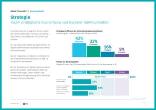 16 / 39
Digital Fitness 2017 | Handlungsfelder
Strategie
Kaum strategische Ausrichtung von digitaler Kommunikation
N (min/max) = 142/144
0% 100%
Beginner Follower Expert Enabler
Digitale Fitness
34%
44%
28%
Entwicklung einer
Digitalstrategie
Integration von digitalen
und nicht-digitalen
Medien und Kanälen
Evaluation von digitaler
Kommunikation
Im Hinblick auf die strategische Fitness stehen
die meisten Abteilungen noch ganz am Anfang:
42% zählen zu den Beginnern, ein Drittel sind
Follower.
Nur bei etwa einem Drittel der Unternehmen ist
digitale Kommunikation Bestandteil der Kommu-
nikationsstrategie.
Bei der Integration von Medien und Kanälen ist
die Unternehmenskommunikation mit 44% im
Durchschnitt am weitesten.
Bei der Evaluation von digitaler Kommunikation
gibt es den größten Nachholbedarf (28%). Die
meisten Abteilungen führen lediglich eine
kanalbezogene Erfolgsmessung durch, Wirkungs-
analysen sind eine Seltenheit.
Strategische Fitness der Unternehmenskommunikation
Verteilung der Unternehmen nach Fitness-Stufen
Fitness bei Einzelaspekten
Digitale Fitness nach Einzelaspekten (durchschnittliche Ausprägung in %)
42%
Beginner 33%
Follower
16%
Expert 9%
Enabler
 