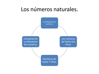 Los números naturales.
                La utilidad de los
                    numeros.




 Comparacion                         Los numeros
 y ordenacion                        de hasta seis
 de numeros.                            cifras.




                 Numeros de
                hasta 7 cifras.
 