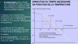 2. la température: dans cetrains
cas, il possible de traiter un DM a
une température supérieure (DM
thermostables) ou inférieure (DM
a thermostabilité reduite).
L’impacte de la variation de la
température sur le temps de traitement
est apporté par LA VALEUR ou
Coefficient Z ou encore l’éfficacité de
la température.
Le coefficient Z (°C) exprime
l’élévation de température qui divise
la valeur D de la biocharge par 10
Exemples :
B.Stearothermophilus : T= 121°C ,
D=2 , a 131°C, la valeur D passe de 2
a 0,2=) Z =10°C
 