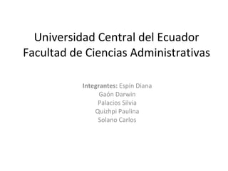 Universidad Central del Ecuador Facultad de Ciencias Administrativas   Integrantes:  Espín Diana Gaón Darwin Palacios Silvia Quizhpi Paulina Solano Carlos 