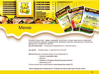 Основное блюдо меню – лаваш с начинкой. Ассортимент сегодня представлен следующими
наименованиями: арабский, американский, болгарский, русский, мексиканский, итальянский,
французский, норвежский, венский.
Для вегетарианцев — специальные предложения из «Зеленого меню»,
для детей — «Киндер-лаваш» с курочкой или сосиской.
Дополнительно к основному блюду гостям предлагаются:
• Салаты и картофель-фри
• Десерты
• Горячие и холодные безалкогольные напитки
• Фирменные супы
В меню может быть представлено пиво крепостью менее 5%
Меню периодически обновляется. В обеденное время действуют бизнес-ланчи.
10
Меню
 