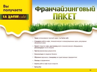 • Право использования торговой марки «La Vache café»
• Стандарты работы кафе, технологические и калькуляционные карты, регулярные
обновления меню
• Проект открытия кафе, расстановку всего технологического оборудования,
рекомендации по его покупке
• Прогноз финансовых результатов
• Консультации по ведению бизнеса
• Обучение персонала, стажировку на существующих предприятиях
• Помощь в продвижении
• Анализ работы кафе после открытия
• Бренд-бук
Вы
получаете
14
 