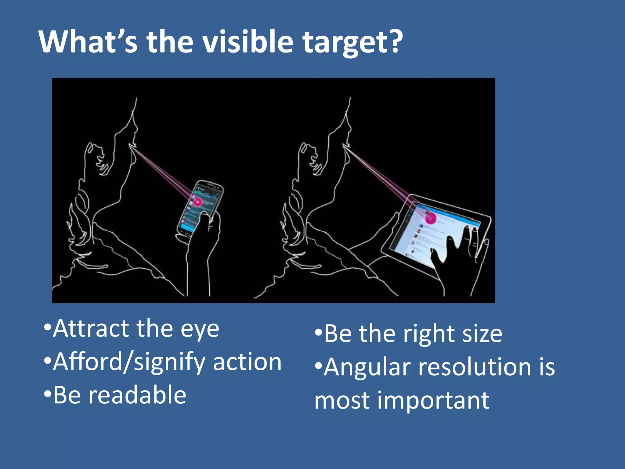 What’s the visible target? 
•Attract the eye 
•Afford/signify action 
•Be readable 
•Be the right size 
•Angular resolution is 
most important 
 
