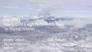 Dynasty
How to Build a High Performance Team
for Repeat Victories
Michelle Caldwell
Director of Collaboration
Avanade
Chris McNulty
Chief Technology Officer
Cryptzone
 