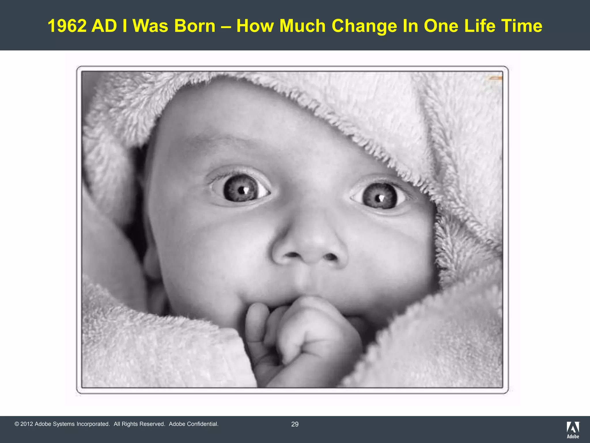1962 AD I Was Born – How Much Change In One Life Time




© 2012 Adobe Systems Incorporated. All Rights Reserved. Adobe Confidential.   29
 