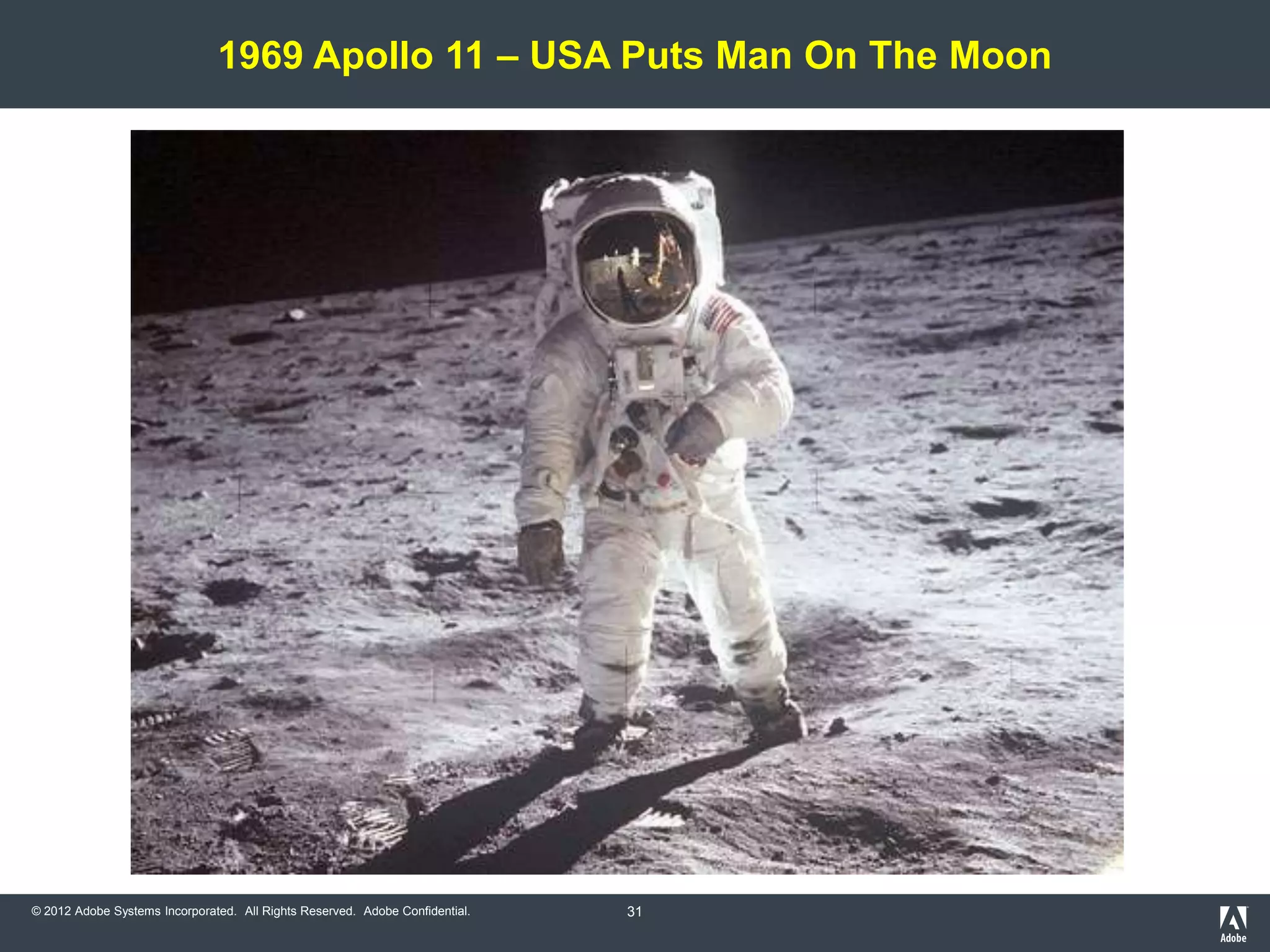 1969 Apollo 11 – USA Puts Man On The Moon




© 2012 Adobe Systems Incorporated. All Rights Reserved. Adobe Confidential.   31
 