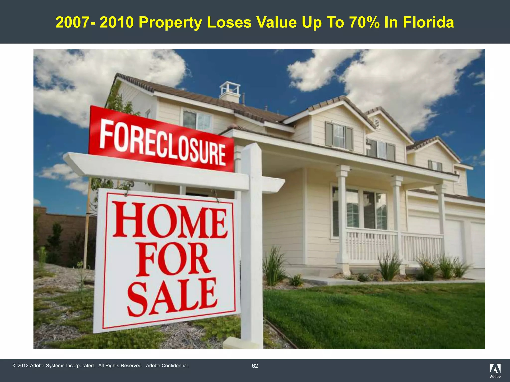 2007- 2010 Property Loses Value Up To 70% In Florida




© 2012 Adobe Systems Incorporated. All Rights Reserved. Adobe Confidential.   62
 