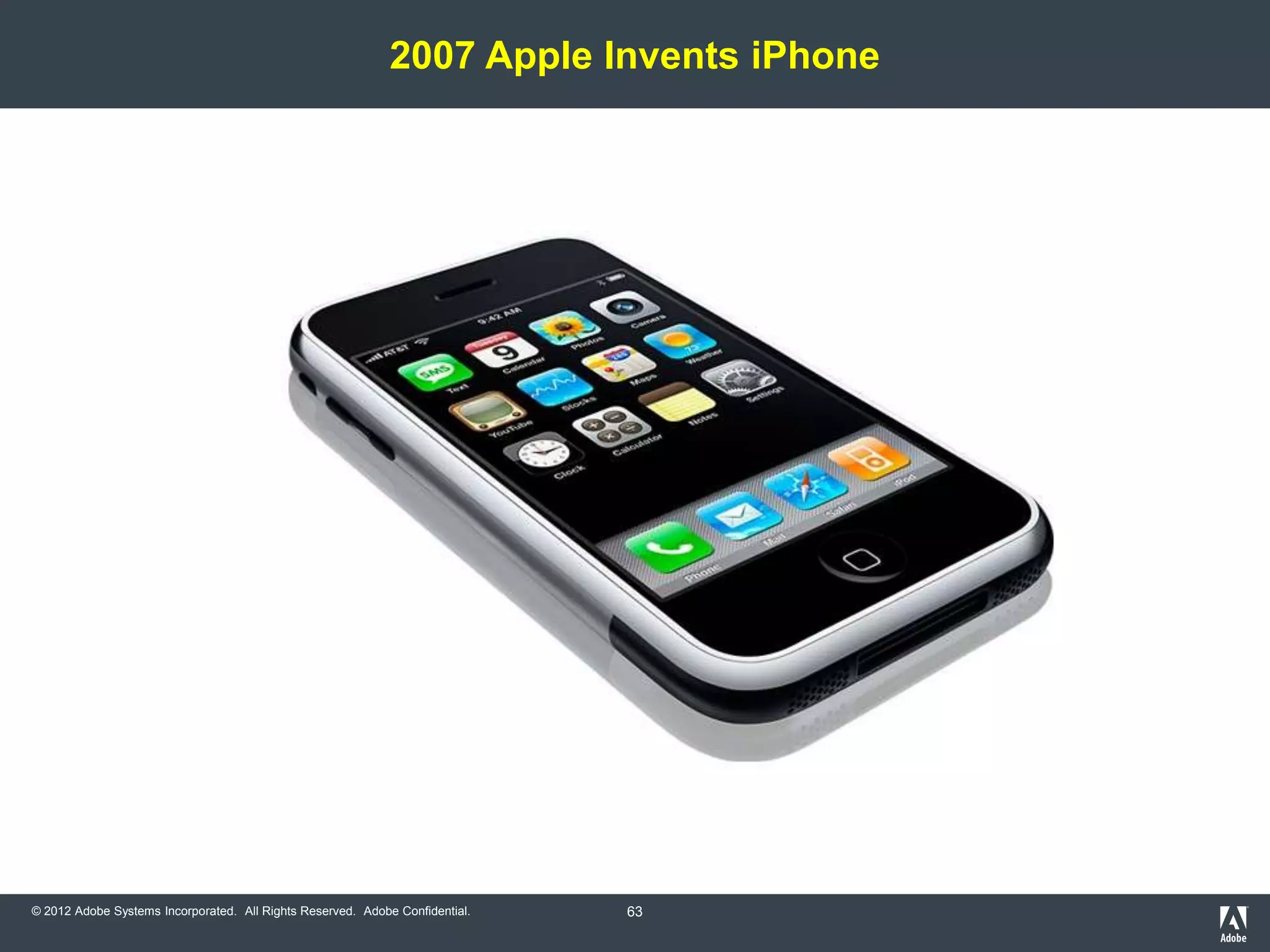 2007 Apple Invents iPhone




© 2012 Adobe Systems Incorporated. All Rights Reserved. Adobe Confidential.   63
 
