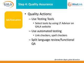 Step 4: Quality Assurance

• Quality Actions:
QA/Evaluation

– Use Testing Tools
• Select tools by using LT Advisor on
GALA website

– Use automated testing
• Link checkers, spell checkers

– Split language review/functional
QA

@mindlinker @gala_global @LavaCon

 