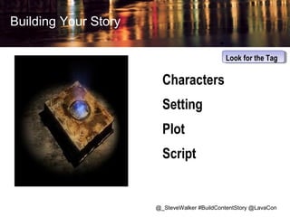 Building Your Story
Look for the Tag
Look for the Tag

Characters
Setting
Plot
Script

@_SteveWalker #BuildContentStory @LavaCon

 