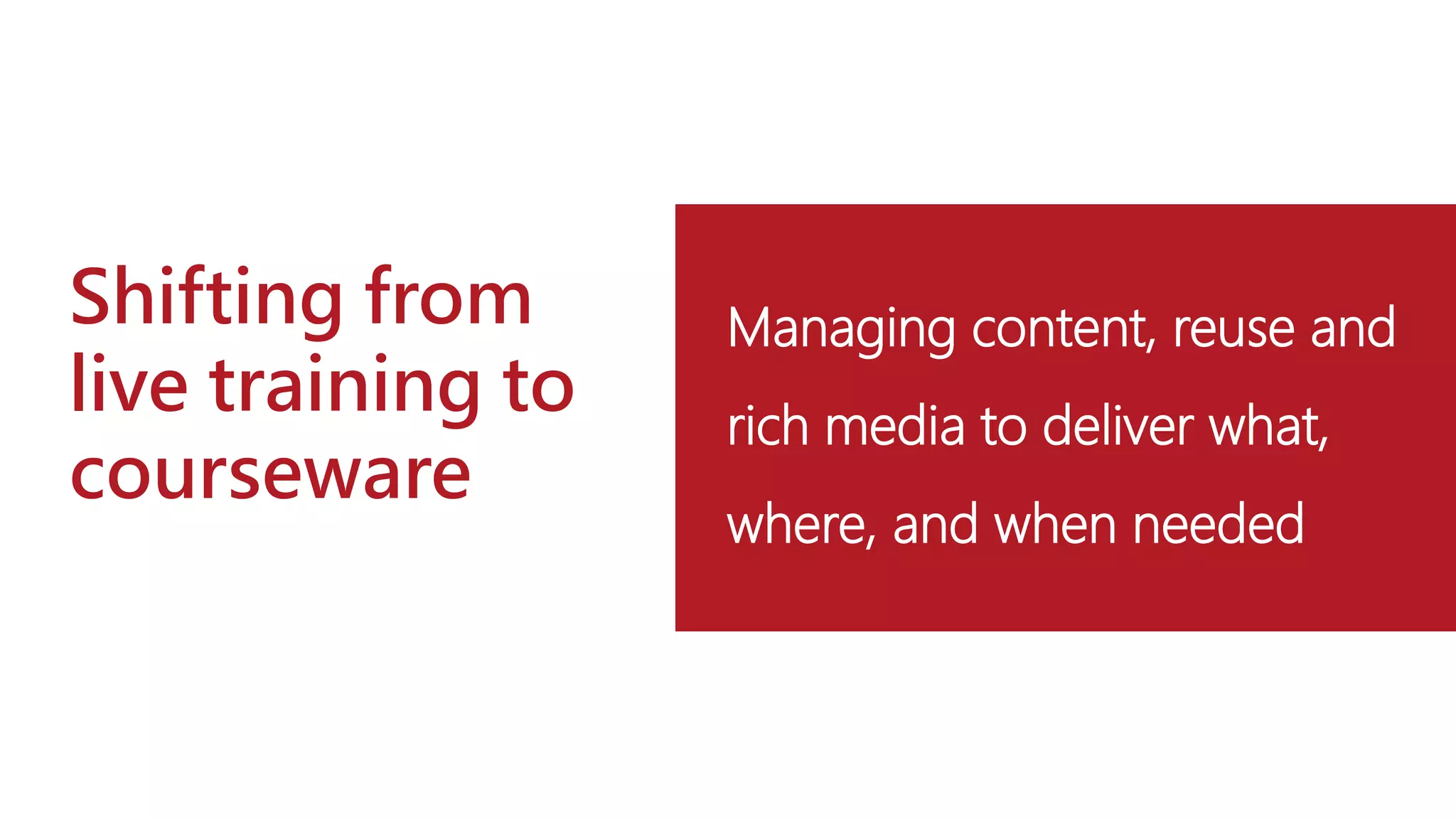 Shifting from
live training to
courseware
Managing content, reuse and
rich media to deliver what,
where, and when needed
 