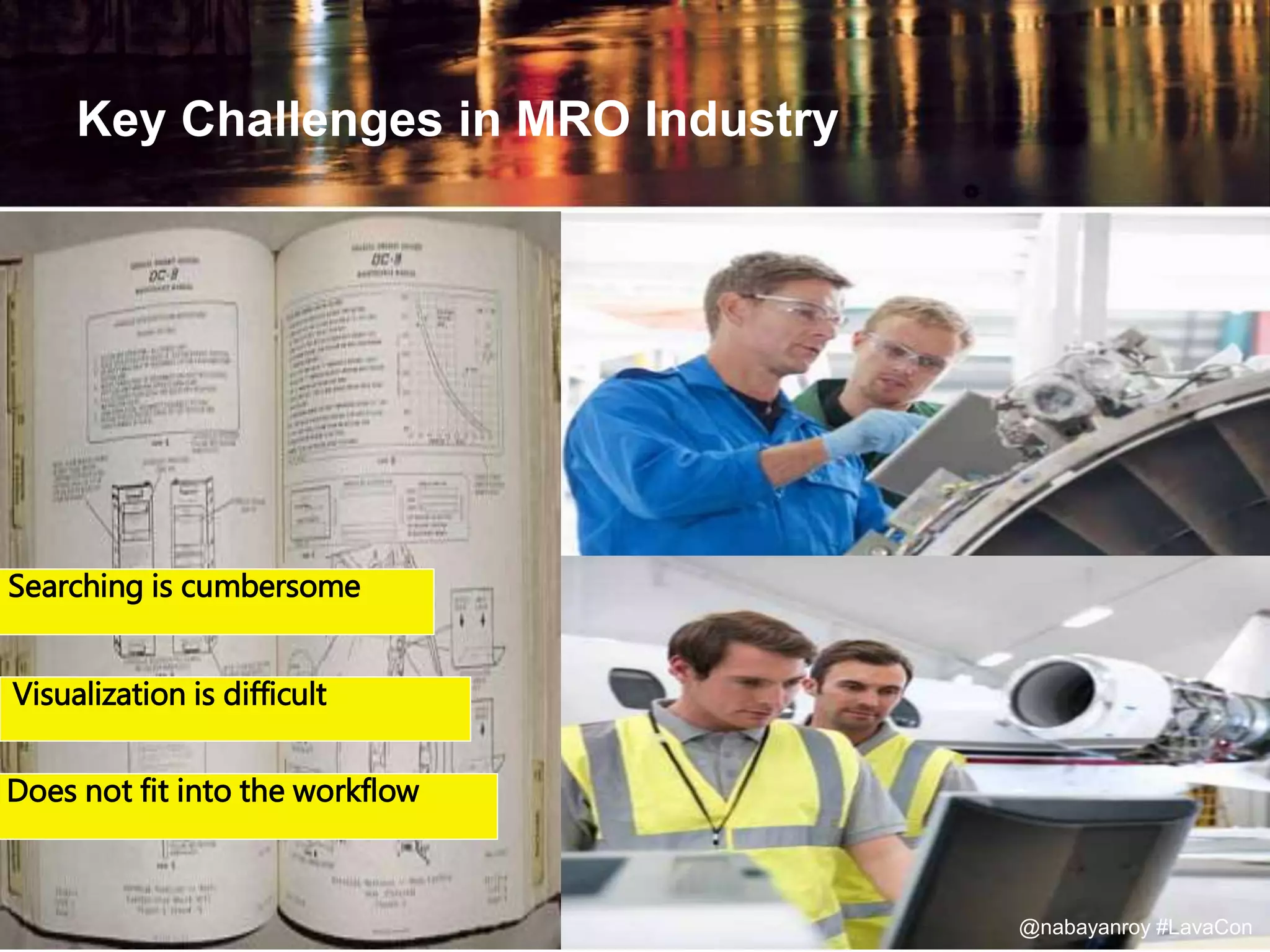 Key Challenges in MRO Industry
Searching is cumbersome
Visualization is difficult
Does not fit into the workflow
@nabayanroy #LavaCon
 