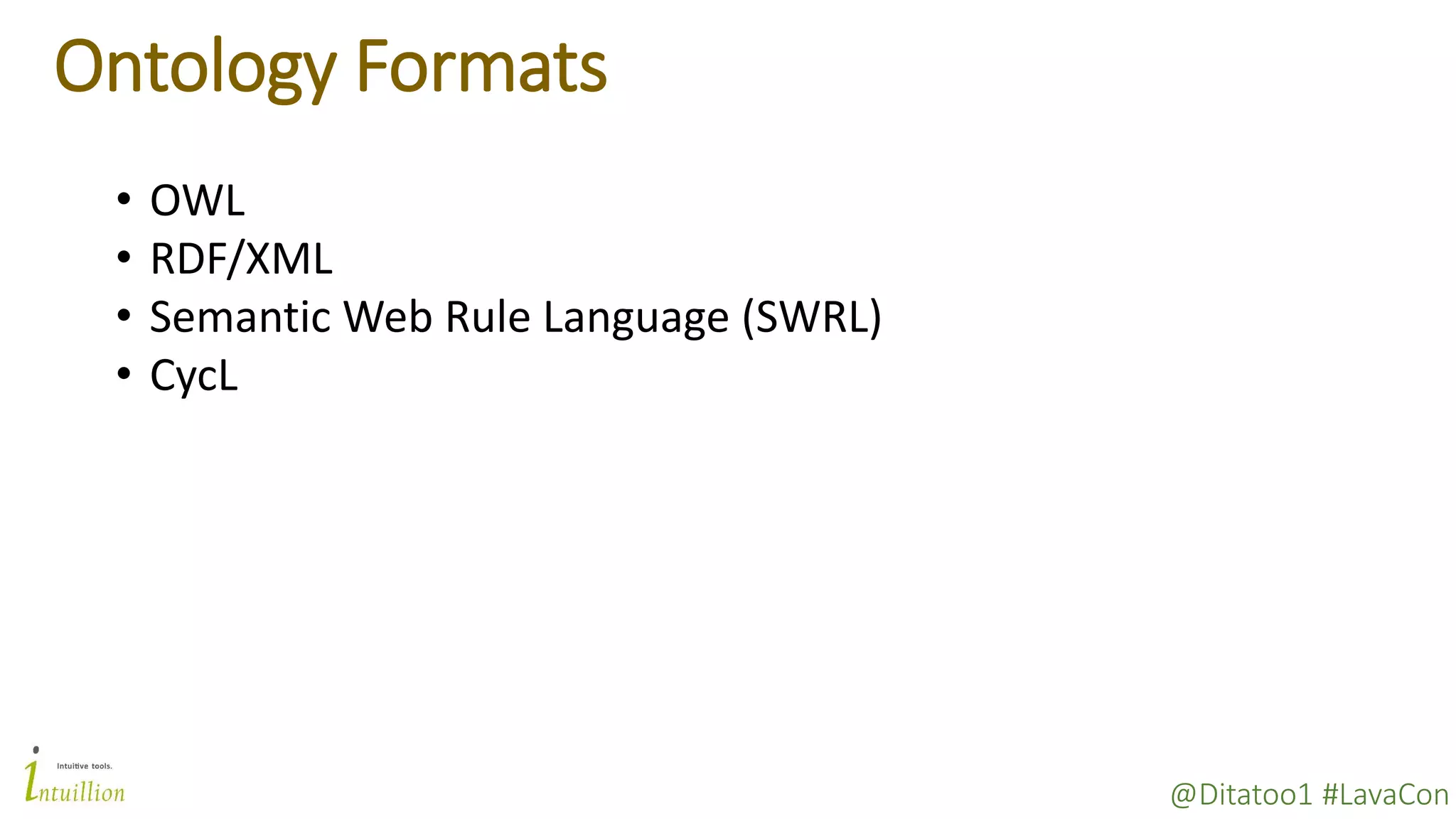 @Ditatoo1 #LavaCon
Ontology Formats
• OWL
• RDF/XML
• Semantic Web Rule Language (SWRL)
• CycL
 