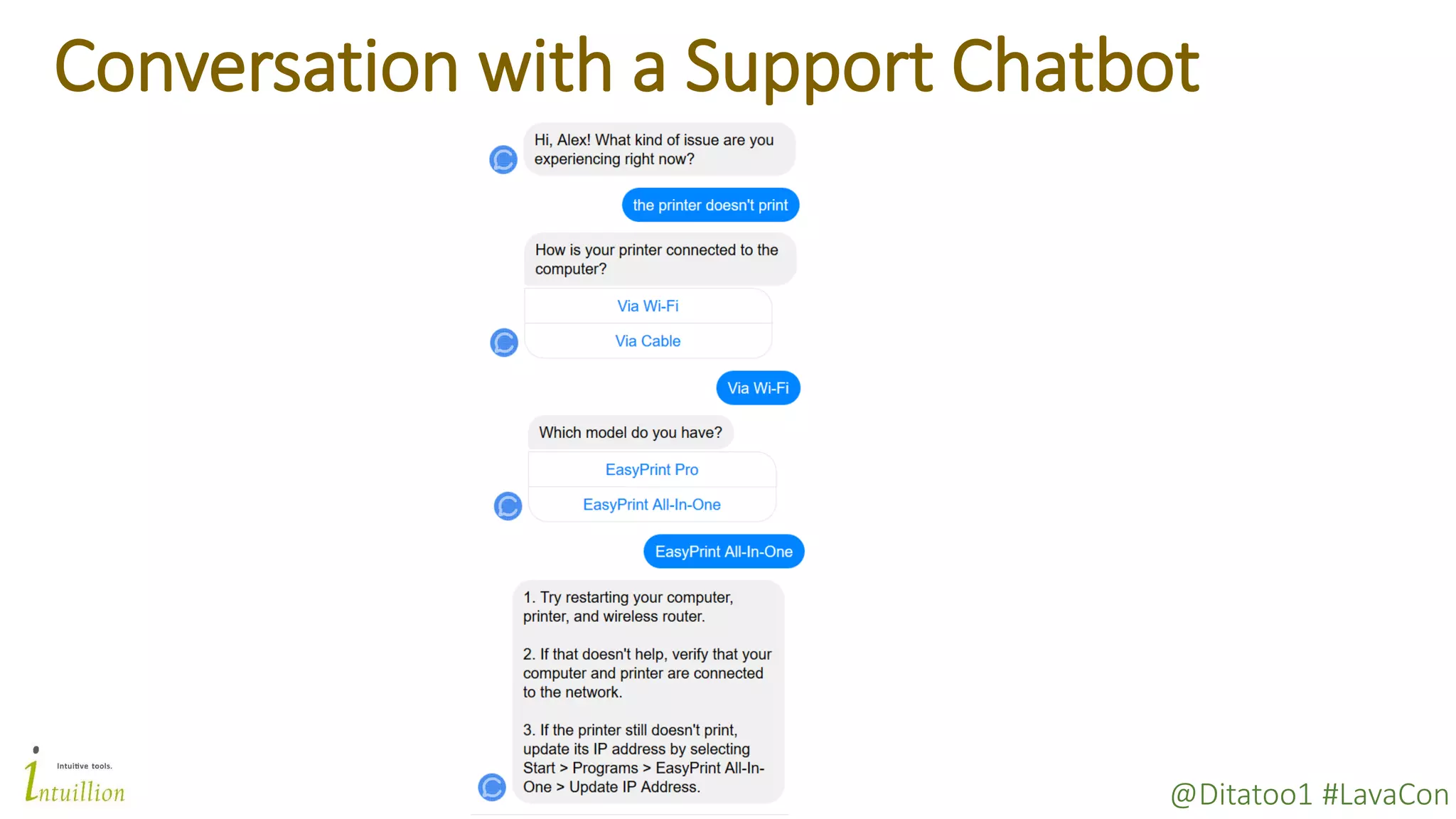 @Ditatoo1 #LavaCon
Conversation with a Support Chatbot
 