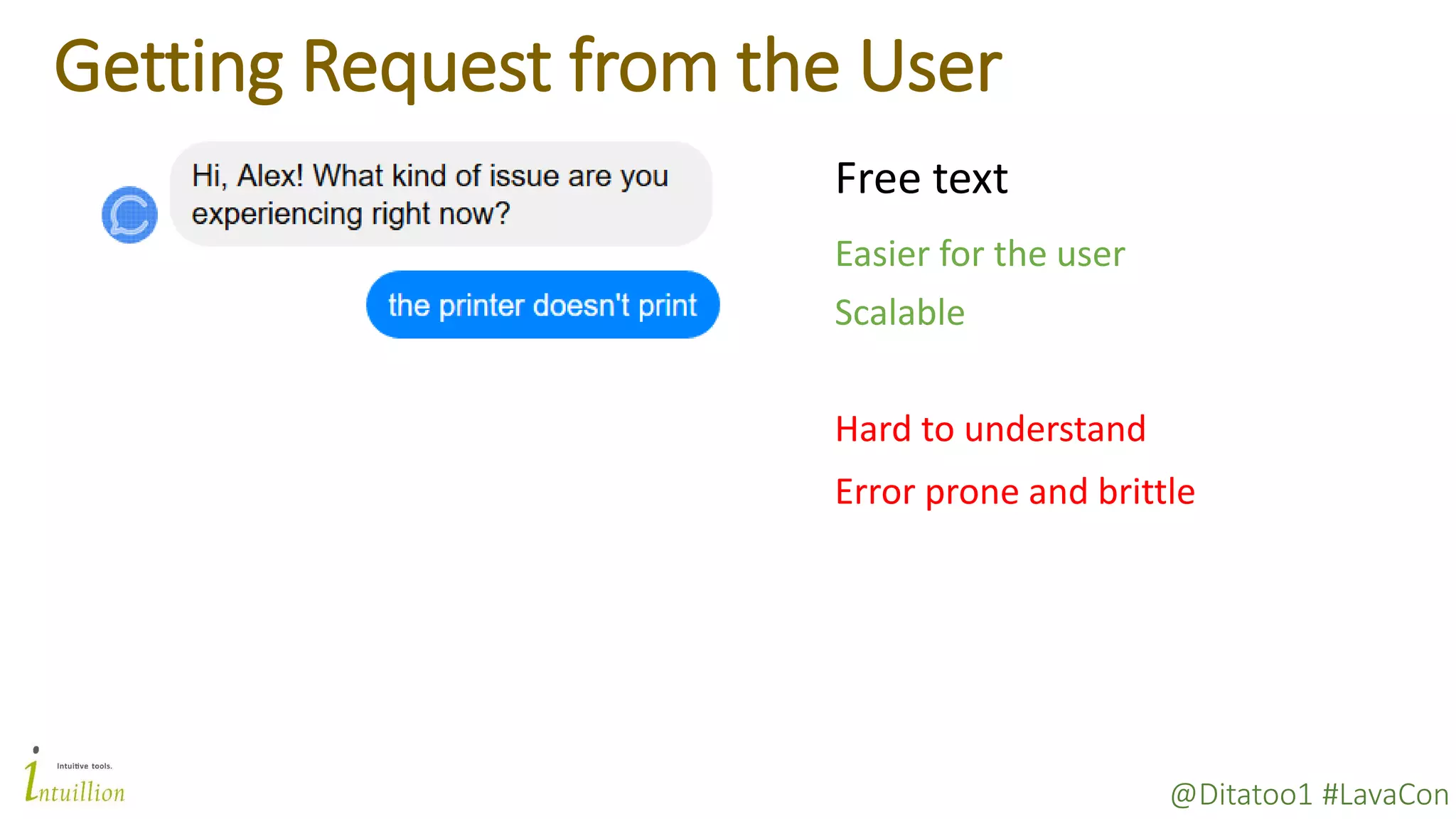 @Ditatoo1 #LavaCon
Getting Request from the User
Free text
Easier for the user
Scalable
Hard to understand
Error prone and brittle
 