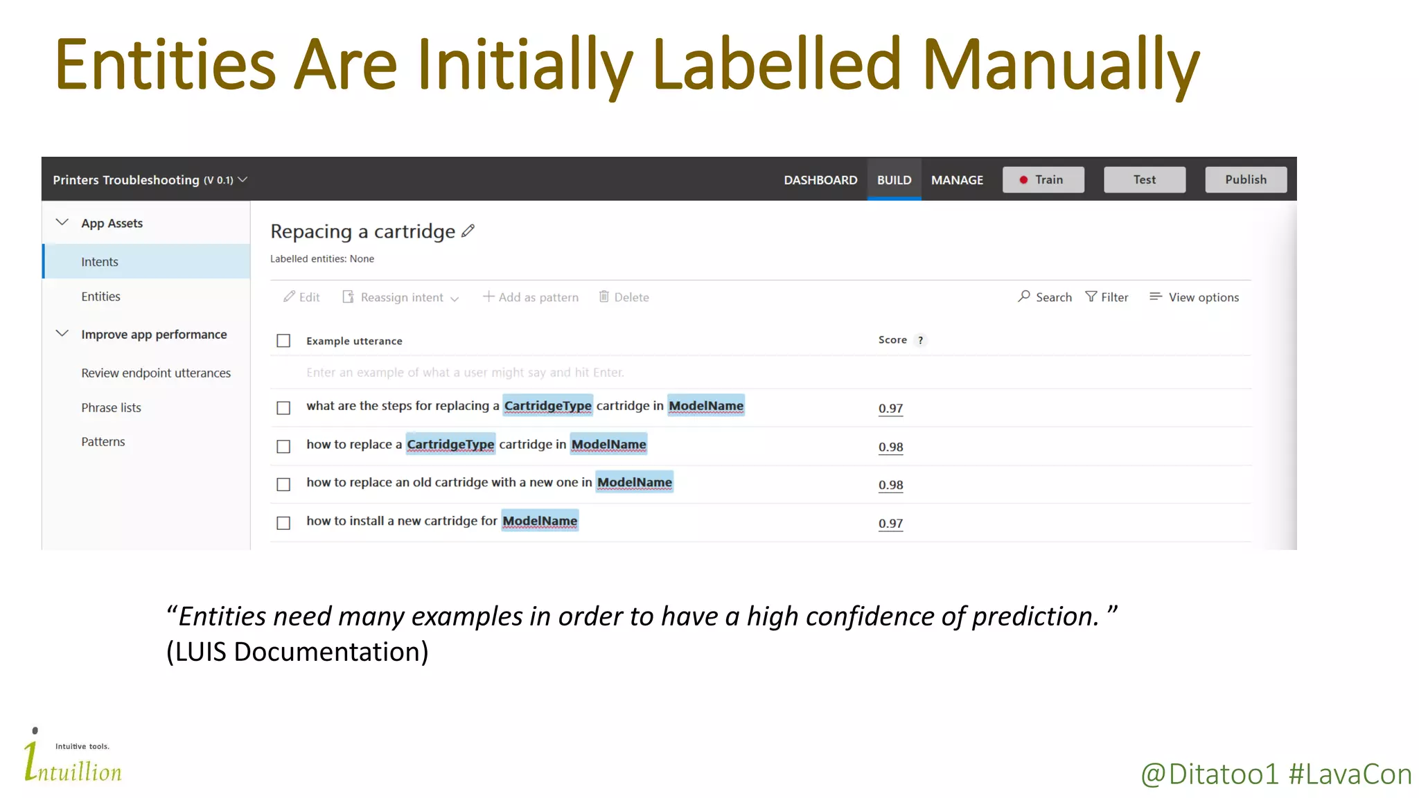 @Ditatoo1 #LavaCon
Entities Are Initially Labelled Manually
“Entities need many examples in order to have a high confidence of prediction. ”
(LUIS Documentation)
 