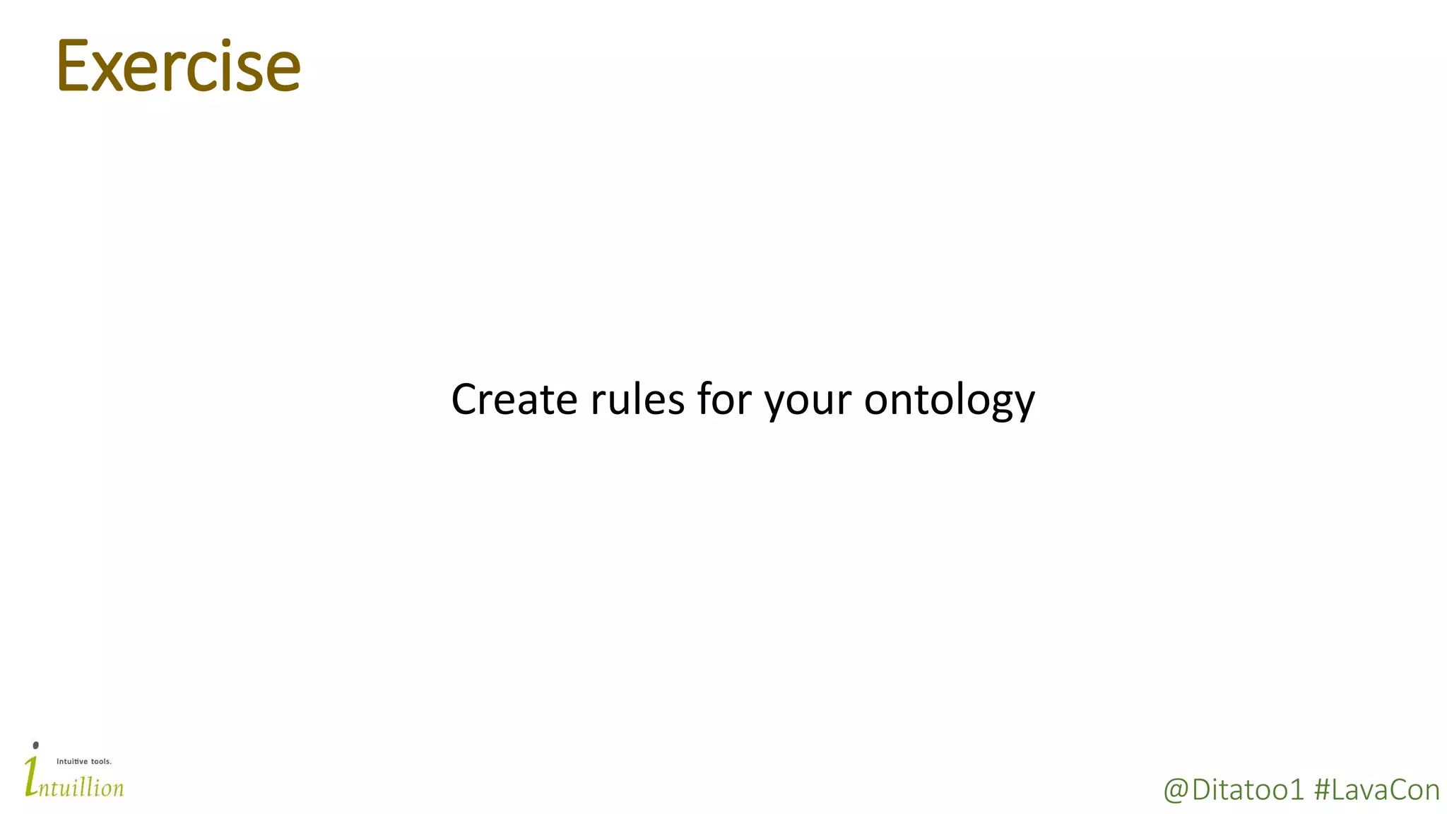 @Ditatoo1 #LavaCon
Exercise
Create rules for your ontology
 