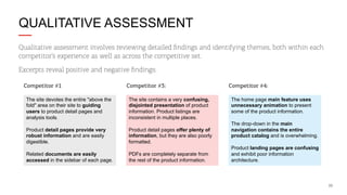 QUALITATIVE ASSESSMENT
Qualitative assessment involves reviewing detailed ﬁndings and identifying themes, both within each
competitor’s experience as well as across the competitive set.
Excerpts reveal positive and negative ﬁndings:
Competitor #1
The site devotes the entire "above the
fold" area on their site to guiding
users to product detail pages and
analysis tools.
Product detail pages provide very
robust information and are easily
digestible.
Related documents are easily
accessed in the sidebar of each page.

Competitor #3:
The site contains a very confusing,
disjointed presentation of product
information. Product listings are
inconsistent in multiple places.
Product detail pages offer plenty of
information, but they are also poorly
formatted.
PDFs are completely separate from
the rest of the product information.

Competitor #4:
The home page main feature uses
unnecessary animation to present
some of the product information.
The drop-down in the main
navigation contains the entire
product catalog and is overwhelming.
Product landing pages are confusing
and exhibit poor information
architecture.

22

 
