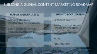 BUILDING A GLOBAL CONTENT MARKETING ROADMAP
OPEN TO LOCALIZATION
• PRODUCT CONTENT
• LOCAL CONTENT THEMES
(NEWS, EVENTS, ETC.)
• LOCAL WRITERS
• CTAs
• DISTRIBUTION
MAP AT A GLOBAL LEVEL
• MISSION STATEMENT
(NORTH STAR OF PROGRAM)
• CONTENT ARCHITECTURE
(PILLARS, THEMES, TOPICS)
• EDITORIAL GUIDELINES
 
