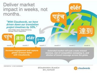 Deliver market
impact in weeks, not
months.

Increase engagement and capture
global revenue faster
with Cloudwords.

Extended market roll-outs create missed
revenue, risk of competition sweeping in, and
dilution of brand message across the globe.

@CloudwordsInc @LavaCon
@m_meinhardt

 