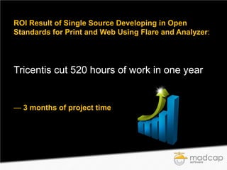ROI Result of Single Source Developing in Open
Standards for Print and Web Using Flare and Analyzer:

Tricentis cut 520 hours of work in one year

— 3 months of project time

 